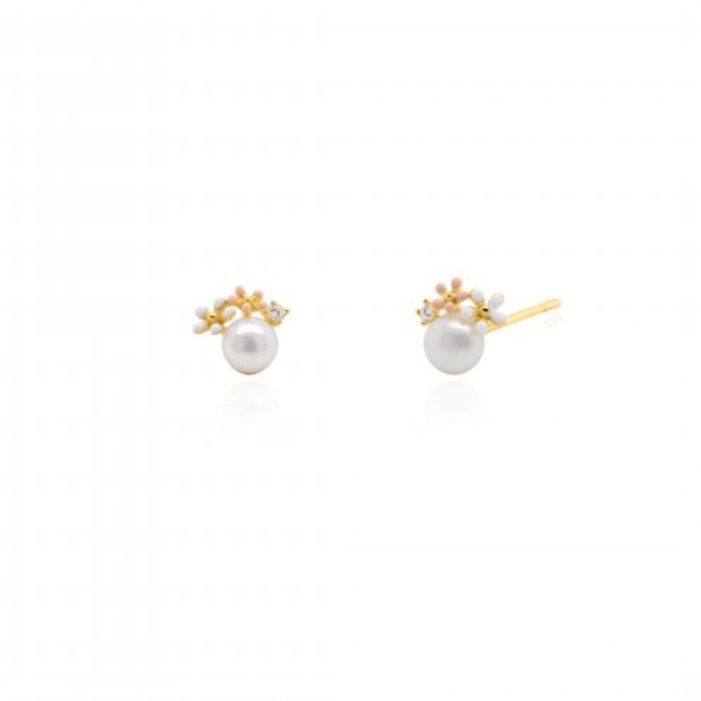 NWT PINK Daisy Pearl Studs // 14k Gold Vermeil + CZ
